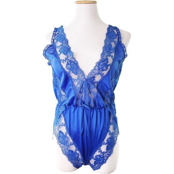 Vintage Lace Trim Lingerie Bodysuit Electric Blue - Picture 1 of 7